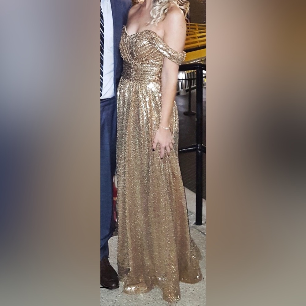 Formal gold sequins off the shoulder dress